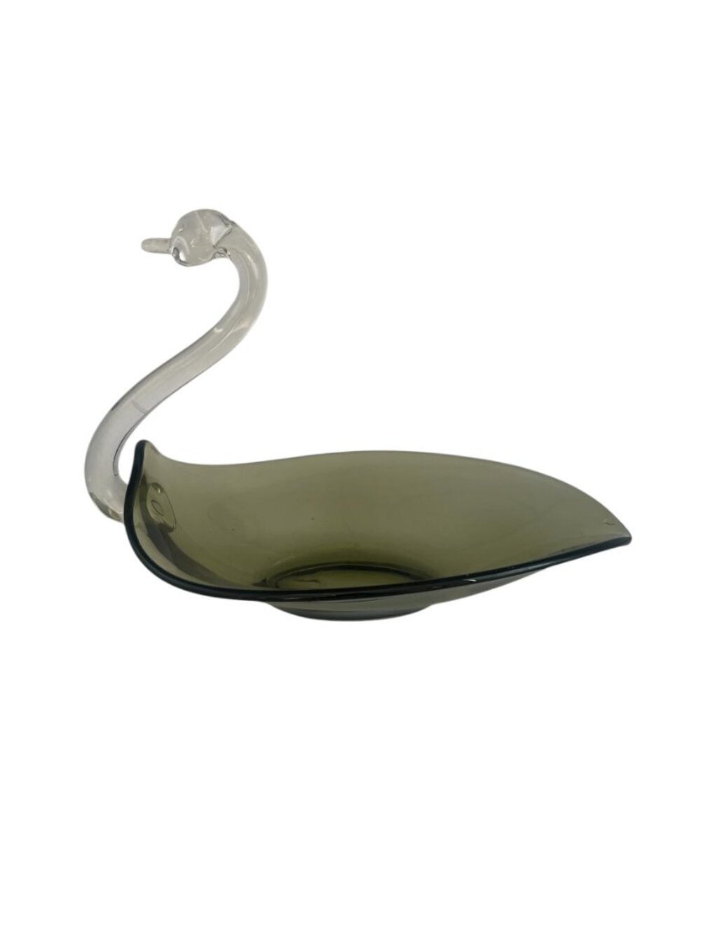 Vintage Duncan & Miller Handblown Art glass Swan Dish Smokey Avocado Bowl